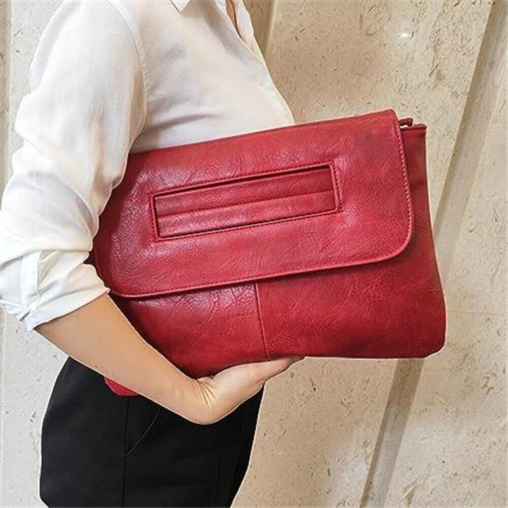 Women Handbags Red Vegan Leather Clutch Handbag Messenger Bag Large Solid High